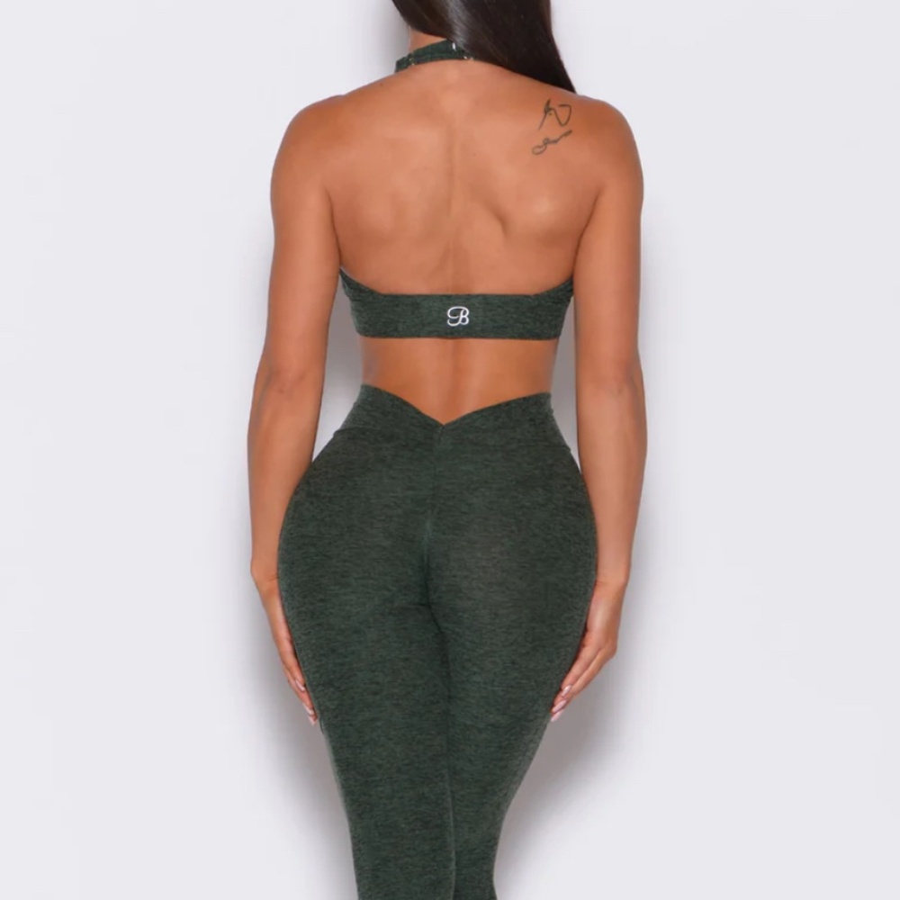 Bombshell Sportswear Dark Green V-Back Active Leggings and Halter Sports Bra Set
